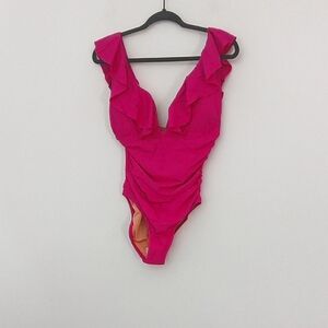 J Crew Fuchsia Pink One Piece Women's Swimsuit Ruched Ruffled V-Neck‎ NEW